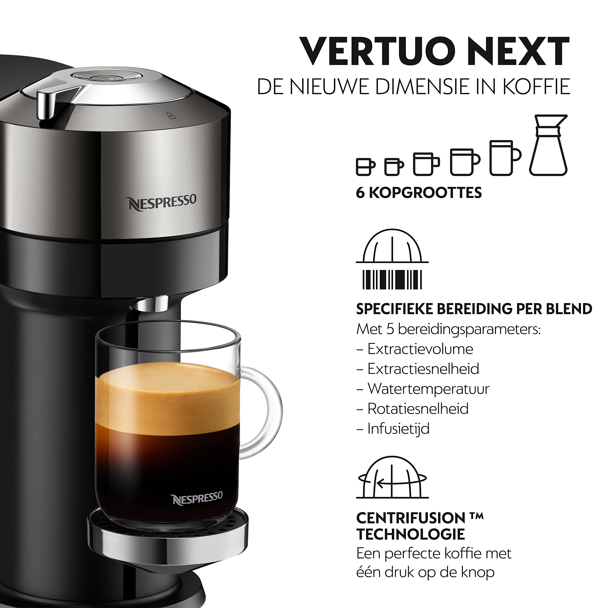 Vertuo Next machine à café Cafetière à dosette 1,1 L, XN910C10, Noir, Gris